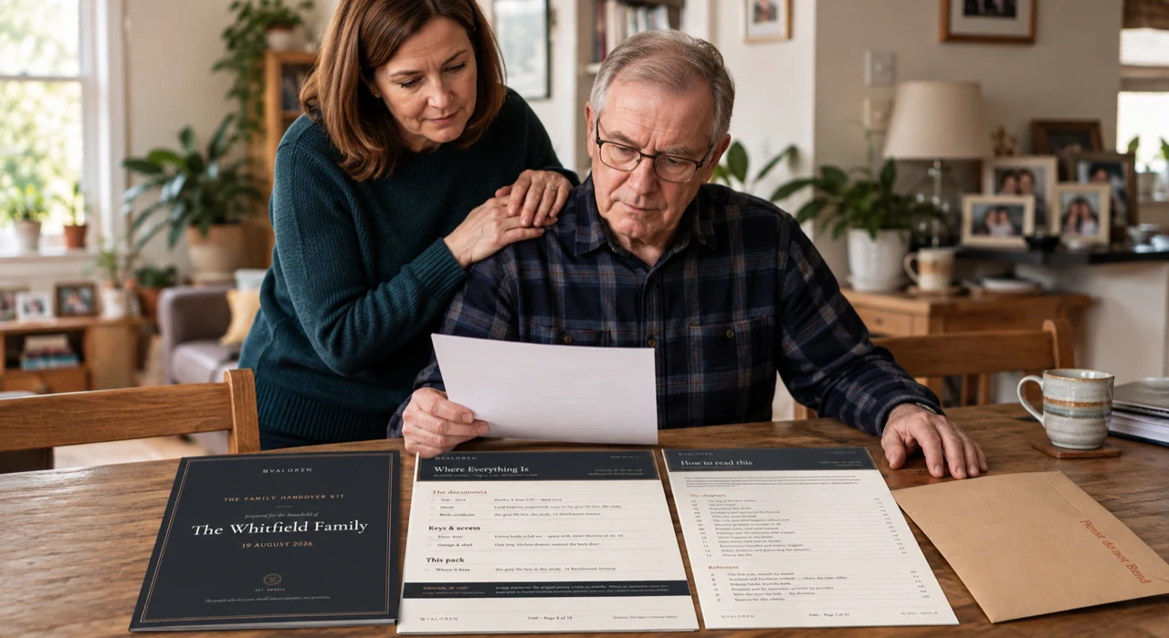An adult daughter standing behind her seated father at a wooden kitchen table, her hand on his shoulder, both looking down at the prepared pages spread out in front of him next to the kraft envelope they arrived in.