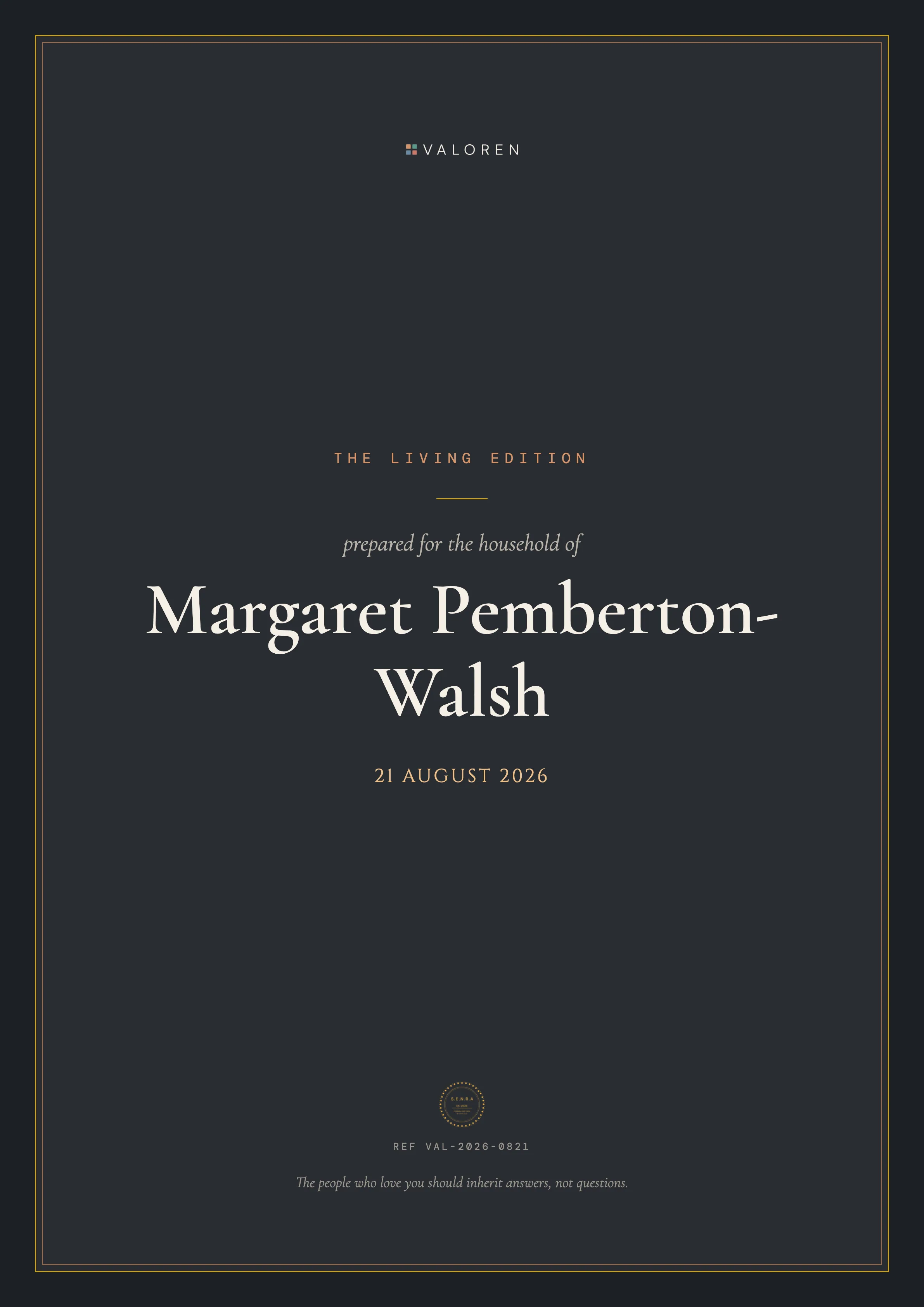 The dark cover of the Living Edition, prepared for the fictional Pemberton-Walsh household and dated.